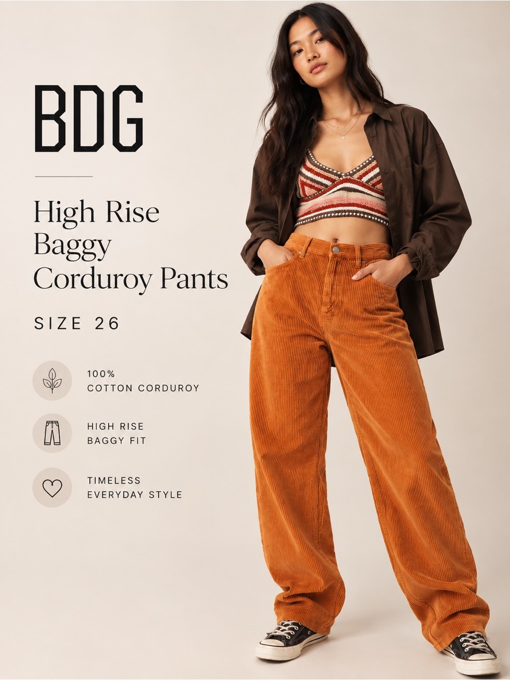 BDG High Rise Baggy Corduroy Pants Orange Size 26